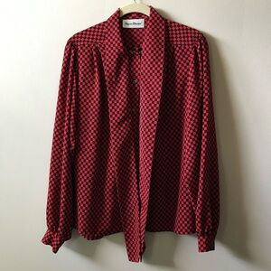 VTG Nipon Boutique Red Block Checked Bow Blouse